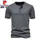 Pierre cardin European and American elastic Henry neck short-sleeved T-shirt men's youth summer casual personality large-size solid color half-sleeved T-shirt trendy light gray L 125-140Jin [Jin equals 0.5 kg]