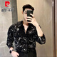Pierre Cardin Spring and Autumn New Internet Celebrity Long Sleeve Floral Shirt Men's Fashion Dark Ice Silk Shirt Retro Niche Bottoming Shirt Nightclub Black XL 145-168Jin Jin is equal to 0.5 kg