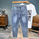 
2025 spring and summer thin elastic waistless jeans men's lace-up simple loose large size casual elastic harem pants light blue 2385 thin model 33 (recommended 145-155Jin [Jin equals 0.5 kg])