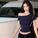 Slanted shoulders, one-length neck short-sleeved T-shirt for women, slim and fashionable short cotton hot girl chic front shoulder top T-shirt summer 962 white S [recommended 80-90Jin [Jin equals 0.5 kg]]