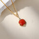 Meluxe yellow 18K gold coral pendant red natural coral necklace round coral inlaid with diamonds birthday gift for wife 7-8MM (with silver chain)