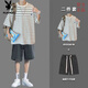 Playboy Striped Kurzärmeranzug Herren Sommer lässig und gutaussehende Kleidung mit trendigen T-Shirt-Denim-Shorts zweiteiler Set 9226 Black + 147 Denim Shorts Black Grey S