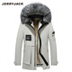 JERRYJACK men's parka with full mink fur lining and removable fur one-piece winter warm coat, fashionable men's coat, off-white + silver fox fur collar + white mink lining M/170