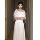 ACJK French style gentle white moonlight swing collar dress feminine and beautiful waist waist banquet dress long skirt off-white L