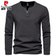 Pierre Cardin Henry heavyweight men's long-sleeved T-shirt with spring and autumn slim casual v-neck solid color bottoming shirt clothes top dark gray L