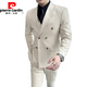 Pierre Cardin suit men's formal suit wedding slim British style business casual double-breasted men's suit jacket new product dark green suit + pants 5XL