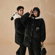 Kissing cat cartoon hooded warm velvet couple quilted pajamas for women winter three-layer thickened men's suit home clothes 188 jet black male L