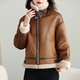 Chaqueta de cuero genuina de piel de oveja de Jagroy para mujeres con pelaje de cordero de piel en otoño y chaqueta de motocicleta de gamuza de invierno mocha marrón M 110-120Jin [Jin iguala 0.5 kg]