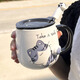 PINYU cup, mug, coffee cup, ceramic cup, high-looking water cup, household large-capacity brewing cup with covered spoon, little blue cat