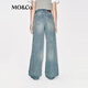 MO&Co. Divine Pants Jeans 2025 Winter New Arrival Cotton Deconstructed Splicing Side Seam Wide Leg Pants Blue Mid-Waist MBE4JENT09 Denim Blue S 26