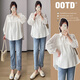 Run Qiqi Maternity Wear Ropa de otoño Simple y versátil Nínea de nueve puntos Top 2025 Nueva camisa de embarazo de primavera y otoño Camisa de gran tamaño blanco Top + Jeans (traje) XL