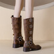 
Feyuega Knight Boots Women's Retro Maillard Thick Heel Belt Buckle Martin Boots But Knee Boots New Western Denim Boots Brown 37