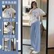 Meng Yilan (Mengyilan) Suit de maternité New Corée Hot Mom Summer Summer cette année Cover Top à la mode de cette année portant un pantalon de maternité. Top blanc bleu + pantalon de relance à jambes larges bleu [L [100-120Jin [Jin est égal à 0,5 kg]]