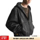 ZARA hooded kangaroo pocket men's leather jacket, comfortable and versatile, long-sleeved, black S (175/92A)