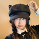 Changyin niche cute cat ear octagonal hat for women in autumn and winter, Japanese style, sweet and versatile, small literary newsboy beret, black cat ear hat, one size M (56-58cm)