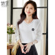 She enjoys long-sleeved T-shirt women's V-neck waffle style versatile flower embroidered white bottoming shirt top T141T2847