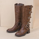 
Feyuega Knight Boots Women's Retro Maillard Thick Heel Belt Buckle Martin Boots But Knee Boots New Western Denim Boots Brown 37