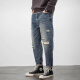 Pantalones de moda de moda Hombres sueltos de primavera y jeans rasgados de verano Hombres retro de la calle Americana gran tamaño de pie de pie pequeño pantalones azules 32 [145-160jin [Jin equivale a 0.5 kg]]