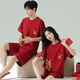 LangSha couple pajamas summer pure cotton one man and one woman red festive short-sleeved shorts high-end wedding boxed home clothes 7018 dragon and phoenix in auspiciousness female M + male L