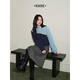 Wide-color navy blue color-blocked long-sleeved sweater long-sleeved sweater short 2025 autumn and winter new women's loose top navy blue M