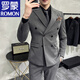 ROMON anti-wrinkle and iron-free casual double-breasted suit for groom, men's slim-fit double-slit small suit, lapel collar formal suit, double-breasted black one-piece suit S