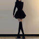 LeCali Hepburn style dress for spring and autumn with ballet princess style tutu skirt bottoming half turtleneck little black dress Hepburn style dress XL without pearl chain