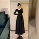 FOX.G Black Dress Women's Autumn and Winter Skirt Women's 2025 Spring and Autumn New Long Skirt Small Women's Skirt Autumn Wear Black Square Neck Waist Long Sleeve Dress XL Recommended 105-125Jin Jin equals 0.5 kg