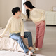 LangSha couple pajamas for one man and one woman in spring and autumn pure cotton round neck long-sleeved cartoon casual spring and autumn can be worn outside home clothes 96850 Female M + Male L