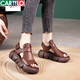 CARTELO leather sponge cake thick-soled retro handmade hollow sandals 2025 summer new wedge open-toed fish mouth Roman sandals dark brown 38