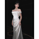 Chuangjingyi selected dress women's banquet evening dress high-end slightly fat French one-shoulder white satin welcome out light wedding dress bride white M