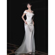 Chuangjingyi selected dress women's banquet evening dress high-end slightly fat French one-shoulder white satin welcome out light wedding dress bride white M