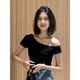 Slanted shoulders, one-length neck short-sleeved T-shirt for women, slim and fashionable short cotton hot girl chic front shoulder top T-shirt summer 962 white S [recommended 80-90Jin [Jin equals 0.5 kg]]