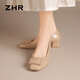ZHR Single Schuhe Frauen Feste Farbspiegel Dicke Absatz Frauen Schuhe elegante intellektuelle flache Mund ein Fuß Pedaling Schuhe Frauen BL396 Milchtee 37