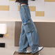 Yoyo one (Yoyo one) girls jeans spring and autumn children 2025 new work suit straight pants big children junior high school students spring wide-leg pants 13062 blue 120 120cm