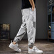 Guxiansen striped ice silk casual pants for men's summer thin sports Harem pants trendy brand loose tying feet nine-point pants light gray XL [130-150Jin [Jin equals 0.5 kg]]