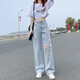 网红破洞牛仔裤女2025春秋新款高腰显瘦垂感阔腿拖地裤ins潮夏装 浅蓝色现货【687款长裤】 XL