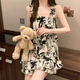 猫人感水墨画吊带睡衣女款夏季带胸垫云朵棉新款夏天家居服女 S48-9721-背心套-郁金香 M 【80-100斤】