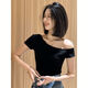Slanted shoulders, one-length neck short-sleeved T-shirt for women, slim and fashionable short cotton hot girl chic front shoulder top T-shirt summer 962 white S [recommended 80-90Jin [Jin equals 0.5 kg]]