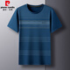 Pierre cardin summer men's round neck striped short-sleeved T-shirt pocket loose casual top new half-sleeved middle-aged dad men's clothing TC-short-sleeved-691 navy blue 4XL 190/195-210Jin[Jin equals 0.5 kg]