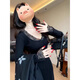 Hao'e early autumn black dress Hepburn style v-neck knitted skirt advanced 2025 with coat inner bottoming hip-covering long skirt V-neck knitted dress black L