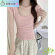 
Lin Han’s real-life photo pure slim U-neck bamboo joint cotton short-sleeved T-shirt for women in summer, sexy collarbone exposed waist top 1391# light pink S