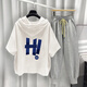 Xiapinli Hong Kong style hooded short-sleeved suit men's summer trendy printed T-shirt set White 9215 XL suitable (130-150Jin [Jin equals 0.5 kg])