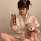 Langsha Bing Seidenpyjamas für Frauen in Sommerdünnen Shorts Shorts für den Sommer einfachen Buchstaben Druck lässig Seide Home Clothing Set hochwertiger YFY-9904 m [Empfohlen 80-100jin [Jin gleich 0,5 kg]]
