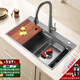 
OBELLIN sink large single tank kitchen washing basin nano large single tank sink Taichung basin thickened panel Galaxy grey handmade slot 9140H double induction pull faucet 9903G right side water fall_reserved faucet water purification hole with cutting board