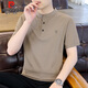 Pierre cardin short-sleeved men's summer thin Henry neck T-shirt men's trendy brand loose casual tops men's khaki XL
