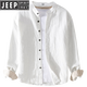 JEEP SPIRIT男士亚麻长袖衬衫日系休闲立领新中式男装春秋季棉麻衬衣外套 9896灰绿色 L 120斤左右