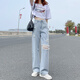 网红破洞牛仔裤女2025春秋新款高腰显瘦垂感阔腿拖地裤ins潮夏装 浅蓝色现货【687款长裤】 XL