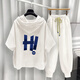 Xiapinli Hong Kong style hooded short-sleeved suit men's summer trendy printed T-shirt set White 9215 XL suitable (130-150Jin [Jin equals 0.5 kg])