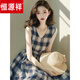 Hengyuanxiang 2025 new light luxury French Hepburn style blue plaid sleeveless dress women's summer long dress plaid dress XL