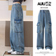 Yoyo one (Yoyo one) girls jeans spring and autumn children 2025 new work suit straight pants big children junior high school students spring wide-leg pants 13062 blue 120 120cm
